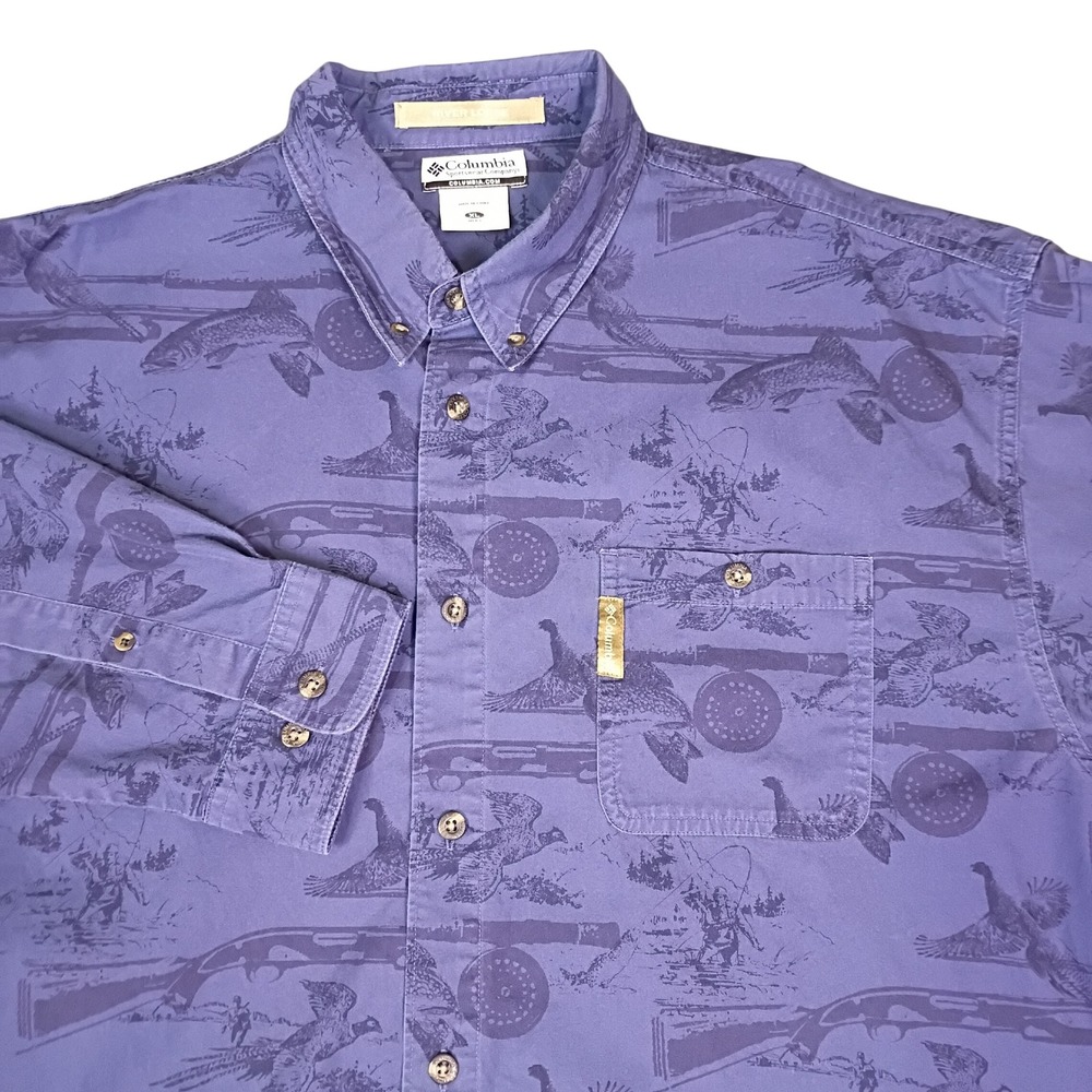 Columbia River Lodge Mens XL Blue AOP Fishing Hunting Print Button Down Shirt